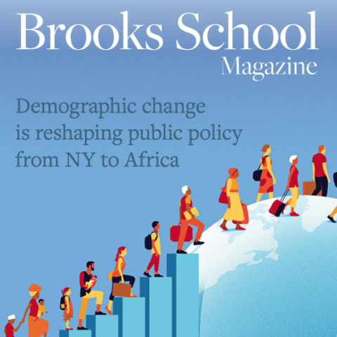 Magazine cover, Brooks School Magazine in white text with illustration of figures walking up a bar chart